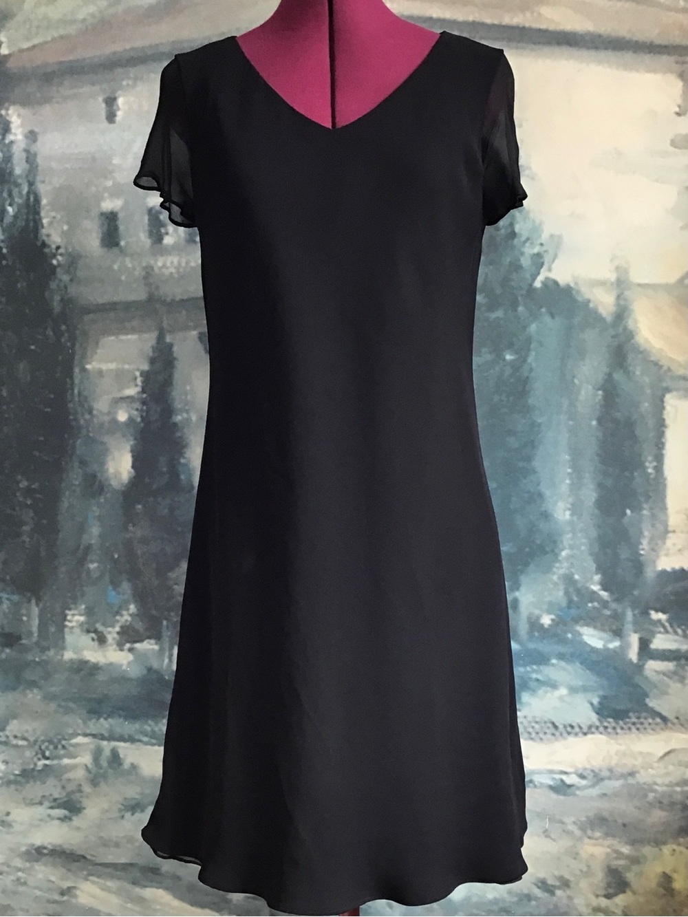 90s Jones New York Cut on the Bias Black V-Neck Short Sleeve Dress Silk Trim